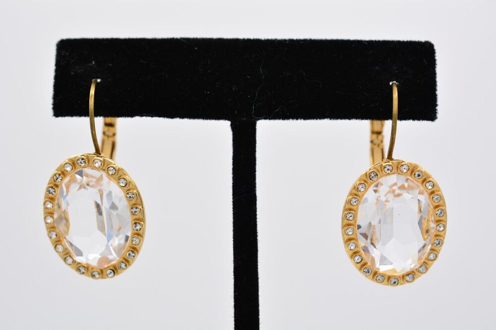 My Flat In London Crystal Dangle Earrings Clear Glass Rhinestone Open Bezel Gold